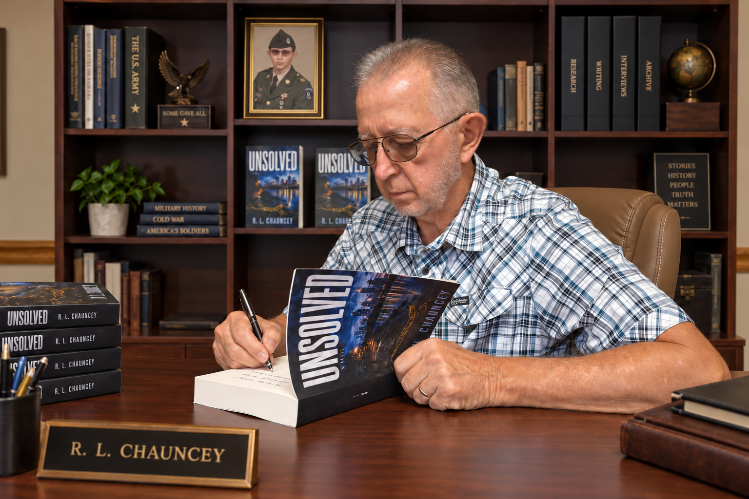 R. L. Chauncey signing a copy of UNSOLVED in his office